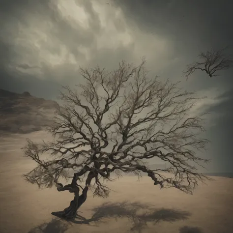 Aerial top view A Twisted dry trees growing branch, zen master in the dry earth, cinematic dark atmosphere, depth of field, Surrealism, high detail, Cubist Futurism, Minimalism, Realism, sculpture, Contemporary art, Hyperrealism, Tonalism, motion blur, cin...