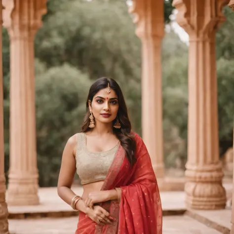 tourist, in the style of rap aesthetics, girl，India，make for a memorable photo.  The background is to the ancient temples and palaces of Jaipur ，photo taken with fujifilm superia, charly amani, oversized portraits, babycore, full body, saree, blouse