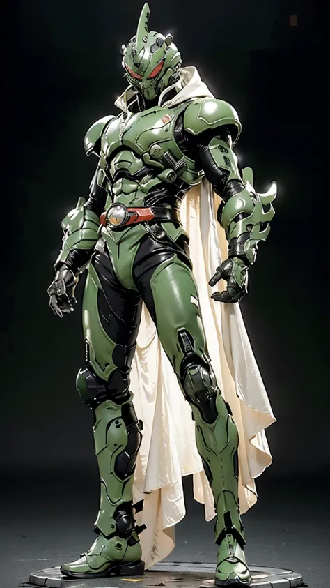 A man wearing a full-face helmet, a fantasy-style biotech armored combat suit, green eyes, (a composite layered chest armor), fully enclosed shoulder guards, matching arm and leg guards, the belt is adorned with fangs biting into gem, (the color scheme is ...