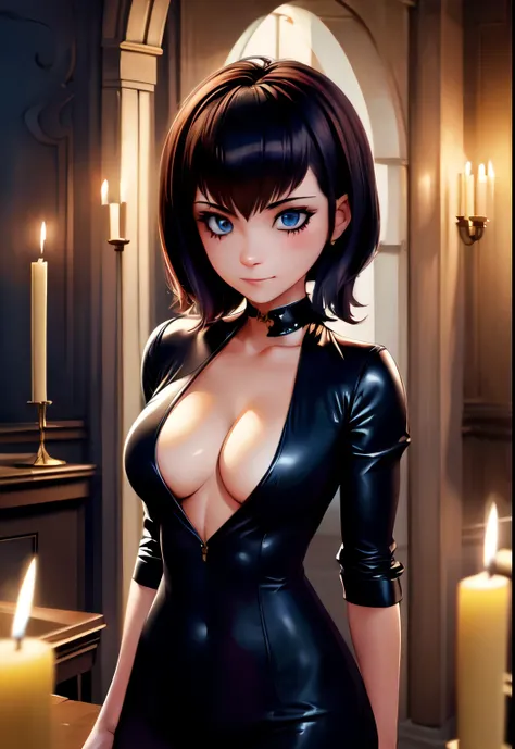 (Digital Artwork:1.3), 1girl, sfw, mavis_dracula, 1girl, solo,, light skin, quarter turn,1/4 body pose, upper body view, eyes focus, looking at the viewer, (flirty facial expression:1.3), blue eyes,  body, in early twenties,  breasts, goth outfit, luxuriou...