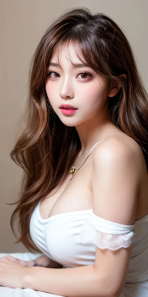 Canon RF85mmf/1.2,masterpiece,highest quality,Ultra-high resolution,VC,1 girl,(Korean mixed race,K-Pop Idols:1.2),alone,white_Shiny_skin,Iris,necklace,((Brown_length_Wavy_hair)),((pink_Shiny_lips)),eyelash,前hair,make,compensate,Shiny,pore,skin texture,brac...