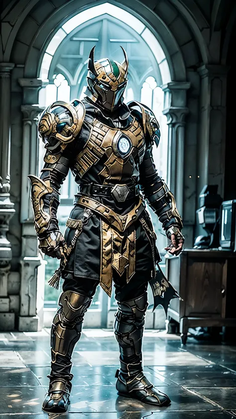 A man wearing a full-face helmet, a fantasy-style biotech armored combat suit, green eyes, (a composite layered chest armor), fully enclosed shoulder guards, matching arm and leg guards, the belt is adorned with fangs biting into gemstone, (the color schem...