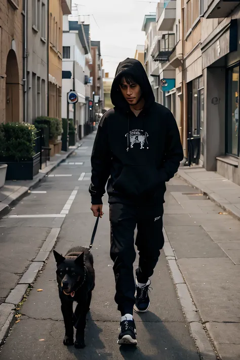 black, dog, with hoodie, walking on the street,