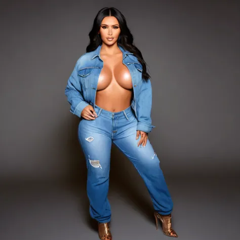 (best quality,highres:1.2),portrait,fashionable Kim Kardashian,eyes highlighted,plump lips,piercing gaze,silver pants that are see through,short jean jacket,stylish shoes,confident demeanor,dynamic pose,long flowing hair,gold jewelry,glowing skin,vivid col...