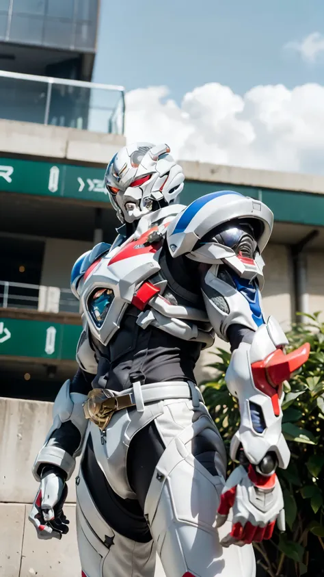 a man wearing a full-face helmet, a fantasy-style biotech armored combat suit, green eyes, (a composite layered chest armor), fu...