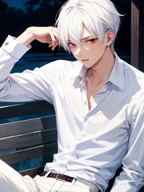 1boy,Sitting, cool style,Holding hair, looking up,18 years old,guy, at night,close up photo,handsome,side parted hair,short hair, straight hair, white hair, white shirt,Long-sleeved shirt,white trousers,red eyes, vampire,close up photo