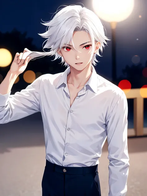 1boy,Standing, cool style,Holding hair, looking up,18 years old,guy, at night,close up photo,handsome,side parted hair,short hair, straight hair, white hair, white shirt,Long-sleeved shirt,white trousers,red eyes, vampire,close up photo