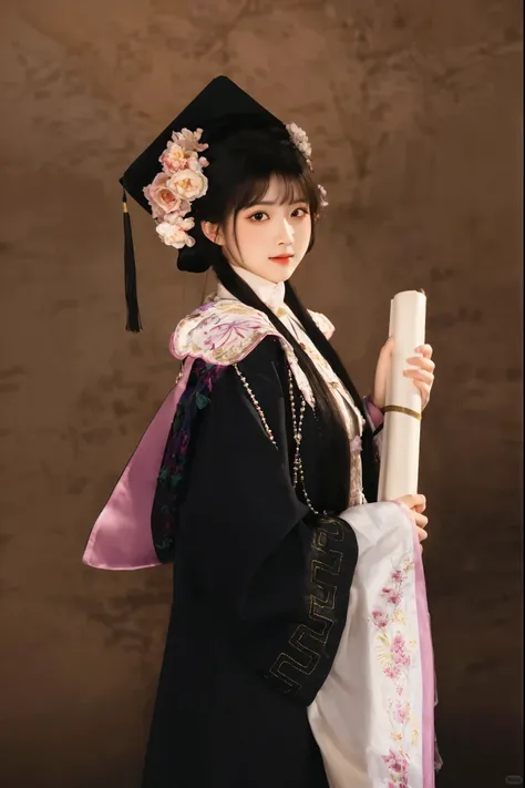 A woman in graduation gown、Close-up of woman holding fan, palace ， a girl in Hanfu, , Hanfu, Wearing Chinese clothes, 穿着Chinese Clothing, Chinese Clothing, Traditional Beauty, white Hanfu, Chinese Princess, Traditional clothing, Traditional clothing