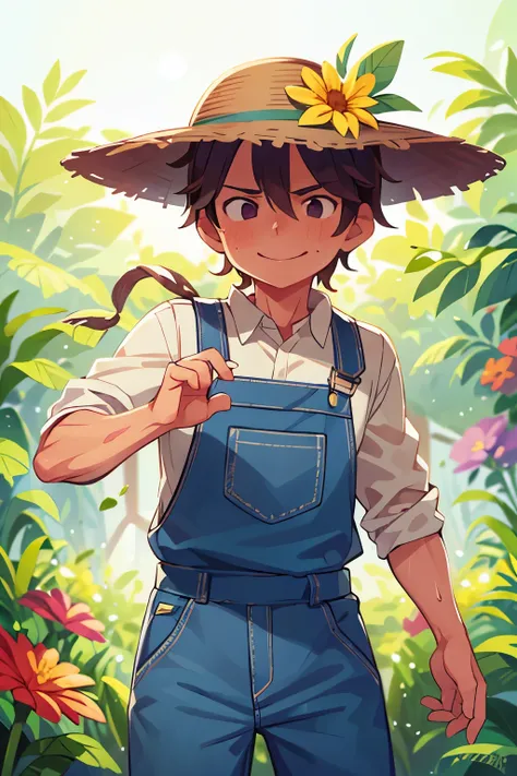 Gardener, Male, Realistic Portrayal, Hiroshi Tanaka, Overalls, Green thumb, sun-kissed facial features, hat with a wide brim, hands covered in soil, calloused fingers, sweat dripping down his forehead, veins visible on his forearms, a hint of a smile playi...