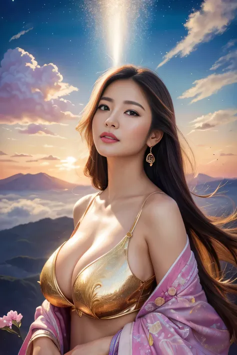 (highest quality,8k,High resolution:1.2),(Beautiful realistic Asian:1.4)、(Cute Japanese Girl:1.4),(Huge breasts:1.20),(glamorous)、feather、Messenger of God、Flight 、Artistic Background、spiral、Spiritual Light、skyline、Heavenly Border Del、Sexy pose、The Realm of...