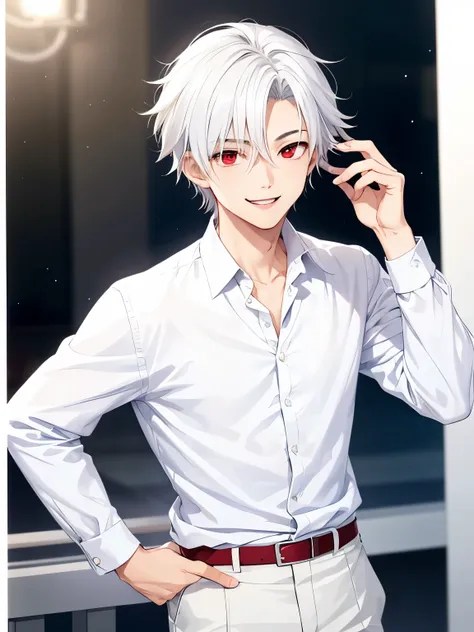 1boy,Standing, cool style,Holding hair, smile,18 years old,guy, at night,close up photo,handsome,side parted hair,short hair, straight hair, white hair, white shirt,Long-sleeved shirt,white trousers,red eyes, vampire,close up photo