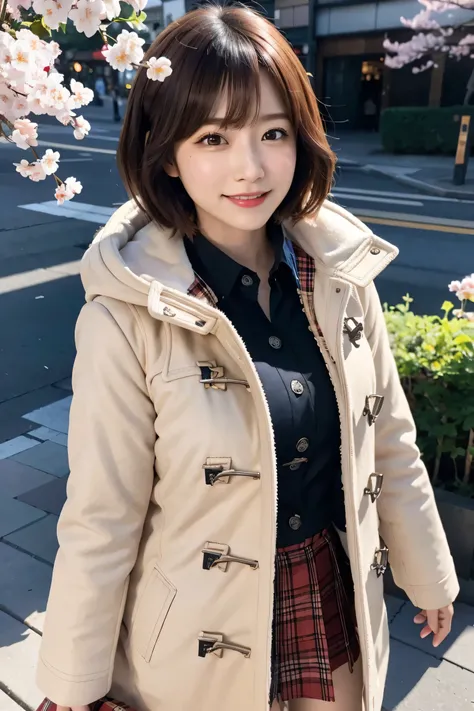 One girl,  coat, Food, Jacket, ((duffle coat)), lips, lipstick, Plaid, Plaid_skirt, Realistic, skirt, alone, Are standing, highest quality, photoRealistic, masterpiece, 8k, High resolution, alone,  (((woman))), (Mid-chest), ((Looking at the audience)), (Lo...