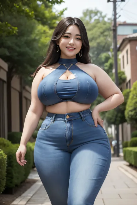 araffe woman in a Multilayered Halter Neck Chain Top and blue denim jeans walking down a street, thicc, she has a jiggly fat round belly, bbwchan, wearing tight simple clothes, skinny waist and thick hips, widest hips, her belly is fat and round, soft curv...