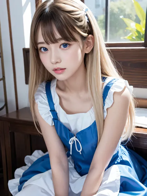 highest quality、超A high resolution、picture、Cute Girl Pictures、A cute and beautiful face down to the last detail、(Purelos Face_v1:0.008)、Beautiful Bangs、Alice in Wonderland、14 years、White and glowing skin、Bans、Platinum blonde super long straight silky hi-te...