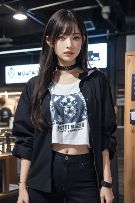 (Better Quality, masterpiece:1.2) | Fine grain:1.2 1 Female ,sorindo (Dynamic English, throw, face, Long Hair,gun shop) choker, shirt, Open sweatshirt, finely, masterpiece, Cyberpunk style clothing