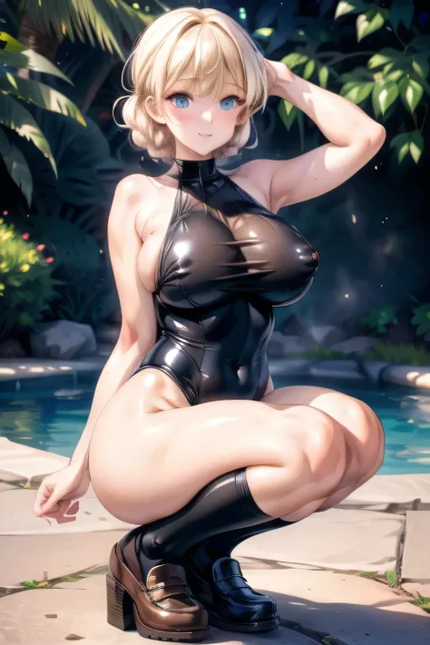 (best quality,highres,ultra-detailed,realistic:1.2),portraits,Blonde Hair、Gibson Tuck,beautiful blue eyes,slight blush,smiling face,facial vapor effects,lovely,embarrassed expression,latex swimsuit,High neck、

female model(1 person),high leg cut,slightly e...