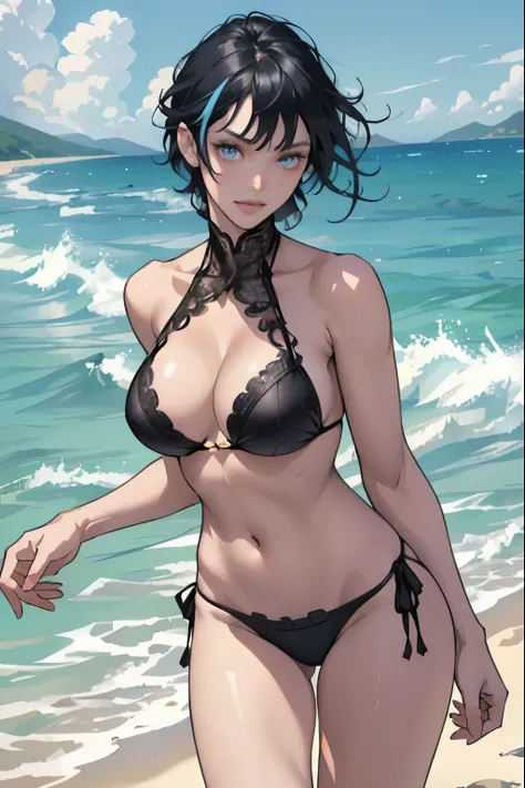 The sea sparkling in the morning sun , (Colorful and sexy black bikini girl: 1.2), Dark blue eyes, 1 girl, 20-year-old,Grin,Big ample breasts,Slender,,(Realistic), (Intricate details: 1.2), (Tabletop: 1.3), (highest quality: 1.4), (超A high resolution: 1.2)...