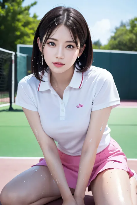 1 girl, alone, White polo shirt, White sneakers, Pink tennis wear: 1.3, White mini skirt, masterpiece, highest quality, Realistic, Hyper Detail, (Shiny skin, Sweaty: 1.4), Disorganized, looking at the camera, Short black hair, Brown eyes, thin, Dynamic Lig...