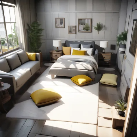 Very detailed dollhouse, cozy bedroom, Cute 3D rendering, Fascinating light and shadow, White and yellow cushion, architecture, furniture, indoor, building, living room, room, rug, plant, Home Decor, sofa, Chair, interior design, 