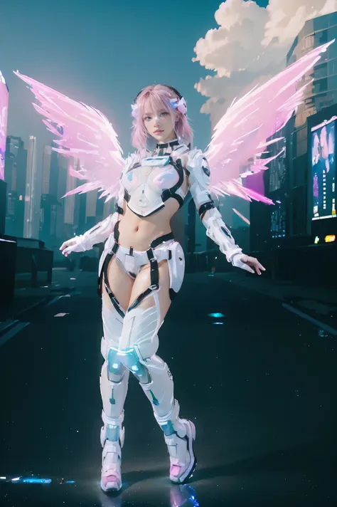 ((masterpiece, best quality, extremely detailed), volumetric lighting, ambient occlusion, colorful, glowing), 
1girl, solo, young girl, (pink hair), long hair, halo, aura, sacred, godness, cyber suit, (white outfit:1.3), android, bot, angel wings,
outdoors...