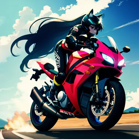 **Emotion and Movement**: The character exhibits a **focused expression** and **forward-leaning posture**, conveying **determination** and the **thrill of speed**. BREAK
**Theme**: The **Suna-neko beastman** rider on a **motorcycle** conveys the **exciteme...