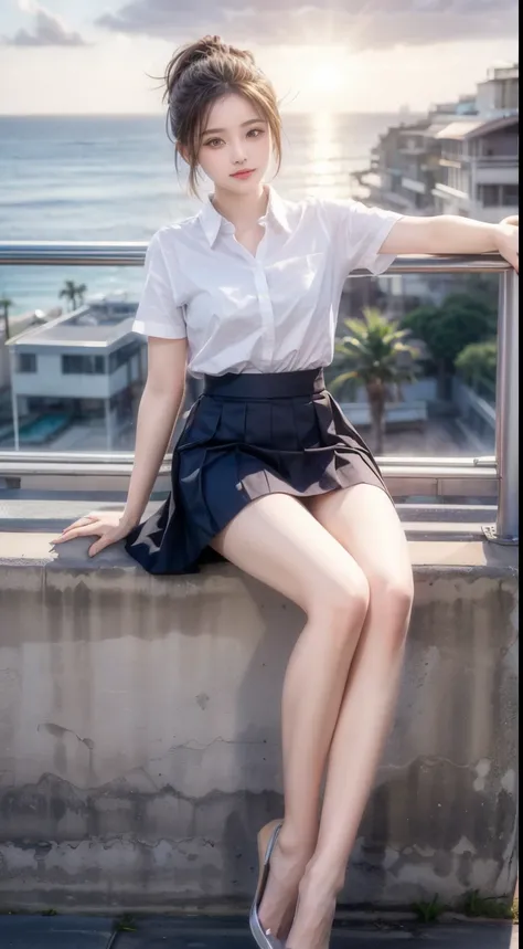(highest quality, High resolution, masterpiece :1.3), (Shooting from below), Beautiful girl, Orange sunset sky, Sun and clouds with ocean in the background, Cute girl in . Short Bob. Short pleated skirt, Blushing, looking at the camera, Dynamic photography...