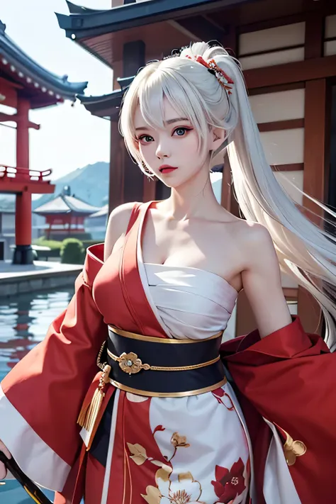 (masterpiece, best quality, dutch angle)(1girl, solo)(white hair, red eyes)(sarashi,japanese clothes,one shoulder、Wear one kimono、One shoulder exposed)(Serious expression, Holding a sword、floating hair)(night、In front of the samurai residence)
