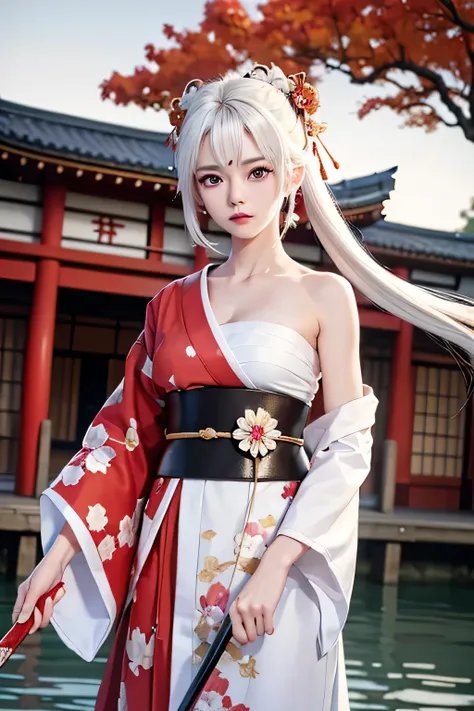 (masterpiece, best quality, dutch angle)(1girl, solo)(white hair, red eyes)(sarashi,japanese clothes,one shoulder、wear one kimon...