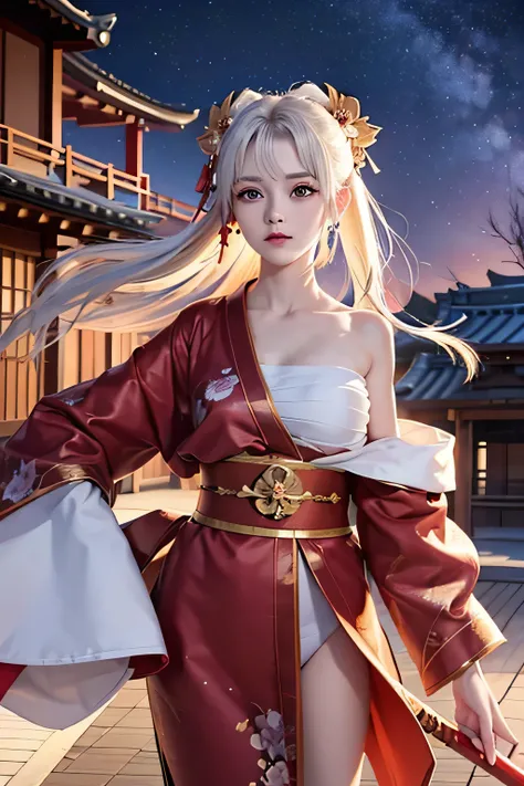 (masterpiece, best quality, dutch angle)(1girl, solo)(white hair, red eyes)(sarashi,japanese clothes,one shoulder、Wear one kimono、One shoulder exposed)(Serious expression, Holding a sword、floating hair)(In front of the samurai residence、Mystical Night、Grai...