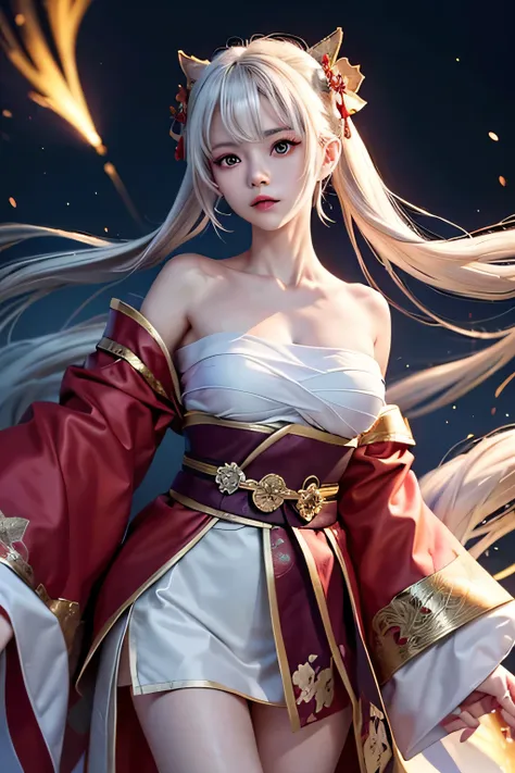 (masterpiece, best quality, dutch angle)(1girl, solo)(white hair, red eyes)(sarashi,japanese clothes,one shoulder、Wear one kimono、One shoulder exposed)(Serious expression, The woman has a sword on her waist、floating hair)(In front of the samurai residence、...