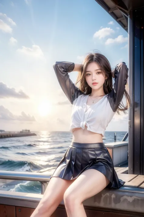 (highest quality, High resolution, masterpiece :1.3), (Shooting from below), Beautiful girl, Orange sunset sky, Sun and clouds with ocean in the background, Cute girl in . Short Bob. Short pleated skirt, Blushing, looking at the camera, Dynamic photography...