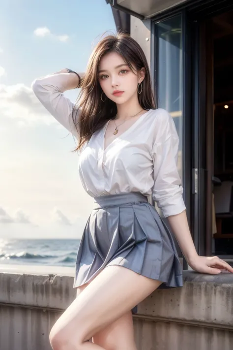 (highest quality, High resolution, masterpiece :1.3), (Shooting from below), Beautiful girl, Orange sunset sky, Sun and clouds with ocean in the background, Cute girl in . Short Bob. Short pleated skirt, Blushing, looking at the camera, Dynamic photography...