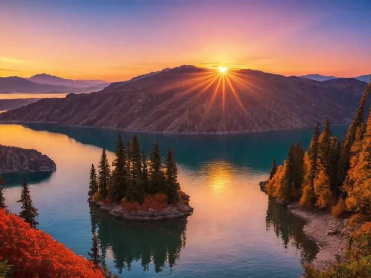 sunset，alafud boats on the shore of a mountain lake, autumn calm, beautiful lake, warm and beautiful scene, magnificent natural ...