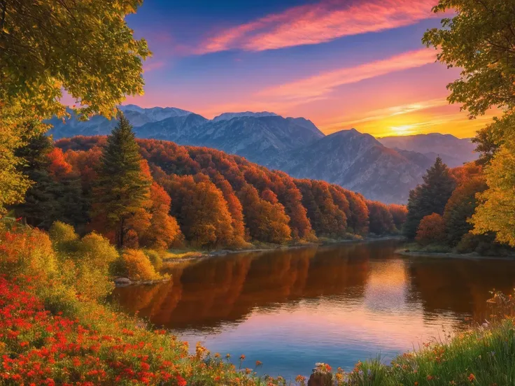 sunset，alafud boats on the shore of a mountain lake, autumn calm, beautiful lake, warm and beautiful scene, magnificent natural ...