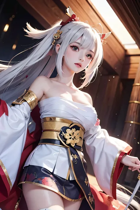 (masterpiece, best quality, dutch angle)(1girl, solo)(white hair, red eyes)(sarashi,japanese clothes,off shoulder,one shoulder、Wear one kimono:1.4、One shoulder exposed)(Serious expression, Woman holding a sword:1.3、floating hair)(In front of the samurai re...