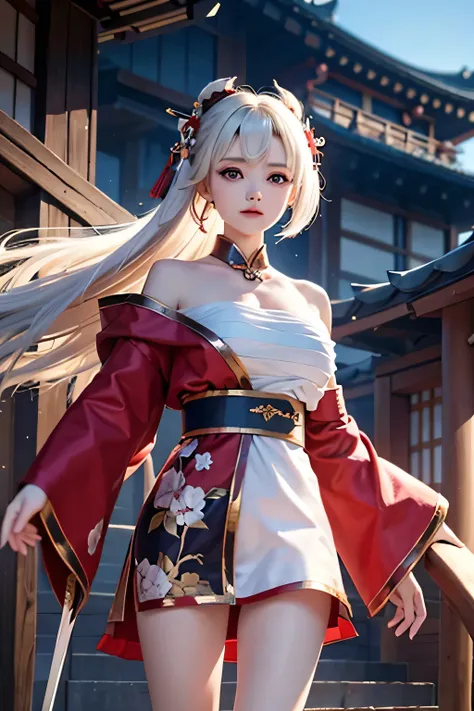 (masterpiece, best quality, dutch angle)(1girl, solo)(white hair, red eyes)(sarashi,japanese clothes,off shoulder,one shoulder、Wear one kimono:1.4、One shoulder exposed)(Serious expression, Woman holding a sword:1.3、floating hair)(In front of the samurai re...