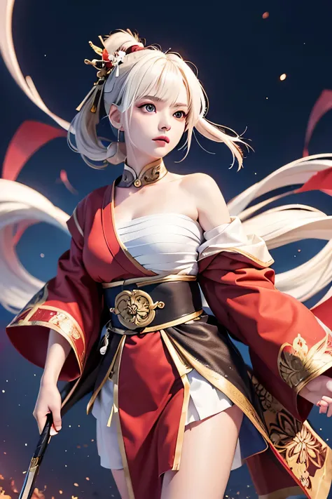 (masterpiece, best quality, dutch angle)(1girl, solo)(white hair, red eyes)(sarashi,japanese clothes,off shoulder,one shoulder、Wear one kimono:1.4、One shoulder exposed)(Serious expression, Woman holding a sword:1.3、floating hair)(In front of the samurai re...