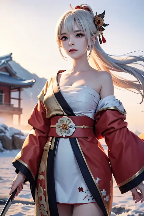 (masterpiece, best quality, dutch angle)(1girl, solo)(white hair, red eyes)(sarashi,japanese clothes,off shoulder,one shoulder、Wear one kimono:1.4、One shoulder exposed)(Serious expression, Woman holding a sword:1.3、floating hair)(In front of the samurai re...