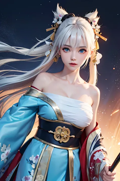 (masterpiece, best quality, dutch angle)(1girl, solo)(white hair, aqua eyes,Straight long hair)(sarashi,japanese clothes,off shoulder,one shoulder、Wear one kimono:1.4、One shoulder exposed)(Serious expression, Woman holding a sword:1.3、floating hair)(In fro...