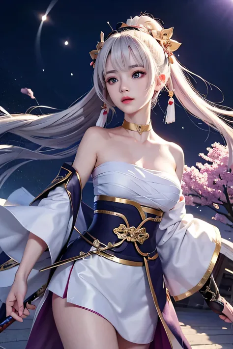 (masterpiece, best quality, dutch angle)(1girl, solo)(white hair,Purple Eyes,Straight long hair)(sarashi,japanese clothes,off shoulder,one shoulder、Wear one kimono:1.4、One shoulder exposed)(Serious expression, Woman holding a sword:1.3、floating hair)(In fr...