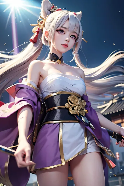 (masterpiece, best quality, dutch angle)(1girl, solo)(white hair,Purple Eyes,Straight long hair)(sarashi,japanese clothes,one shoulder、Wear one kimono:1.4、One shoulder exposed)(Serious expression, Woman holding a sword:1.3、floating hair)(In front of the sa...