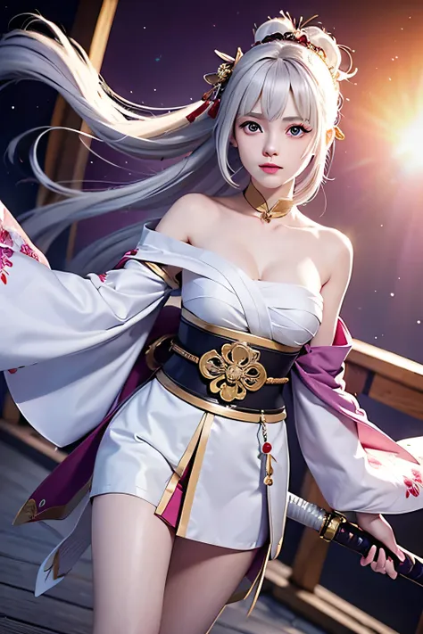 (masterpiece, best quality, dutch angle)(1girl, solo)(white hair,Purple Eyes,Straight long hair)(sarashi,japanese clothes,one shoulder、Wear one kimono:1.4、One shoulder exposed)(Serious expression, Woman holding a sword:1.3、floating hair)(In front of the sa...