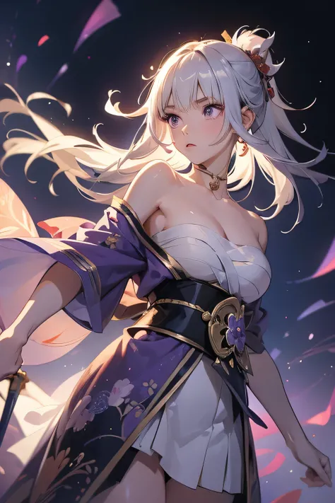 (masterpiece, best quality, dutch angle)(1girl, solo)(white hair,Purple Eyes,Straight long hair)(sarashi,japanese clothes,one shoulder、Wear one kimono:1.4、One shoulder exposed)(Serious expression, Woman holding a sword:1.3、floating hair)(In front of the sa...