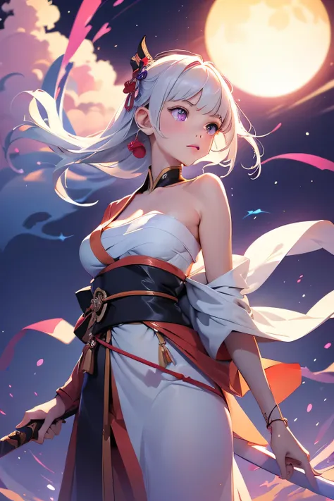(masterpiece, best quality, dutch angle)(1girl, solo)(white hair,Purple Eyes,Straight long hair)(sarashi,japanese clothes,one shoulder、Wear one kimono:1.4、One shoulder exposed)(Serious expression, Woman holding a sword:1.3、floating hair)(In front of the sa...