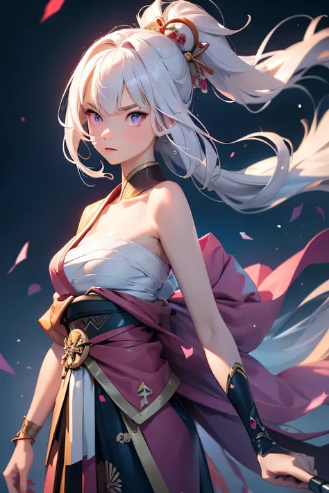 (masterpiece, best quality, dutch angle)(1girl, solo)(white hair,Purple Eyes,Straight long hair)(sarashi,japanese clothes,one shoulder、Wear one kimono:1.4、One shoulder exposed)(Serious expression, Woman holding a sword:1.3、floating hair)(In front of the sa...