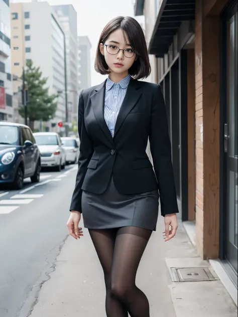 alone、solo、OL in her 20s in office uniform posing for a photo、(Black Pantyhose)、(Half Up),victory、Tsundere、Single knot、OL、suit、blue mini skirt、anger、small、Glasses、slim girl model photo、physical:the smallest middle-aged man in history、female model、Japanese ...