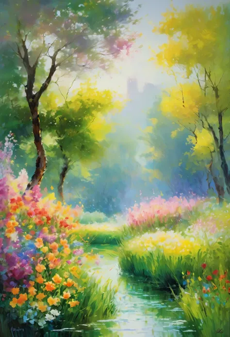 (highest quality、4K、8K、High resolution、masterpiece:1.2)、Super detailed、Real、Inspired by Monet、印象派のmasterpiece、oil、Beautiful detailed brushwork、Colorful flowers、Breathtaking landscapes、Peaceful garden scene、wood々Sunlight shining through、Reflection of rippli...