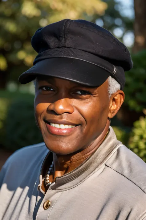 old african black man with smiling eyes, wearing a white cap and t-shirt. his skin is warm-toned with greying hair. the soft nat...