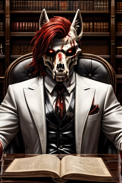 Big hall, close-up, leather black chair, white suit with blood stains, a man in a suit sits in a chair, Red hair, gun in hand, in hand there is a bone white faceless mask, digital art, Epic picture, background cabinets with books