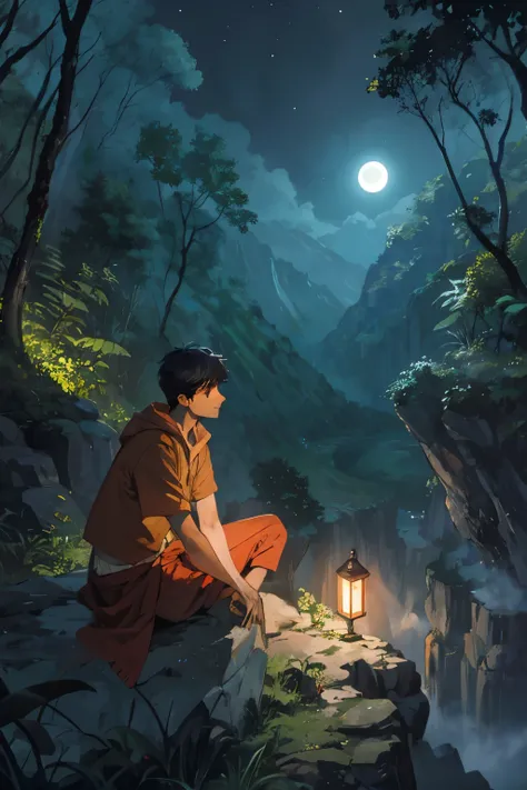 a rural Indian young man and a modern girl sitting on the edge of a mountain rock in a jungle at night, under the moonlight and a valley in front of them 